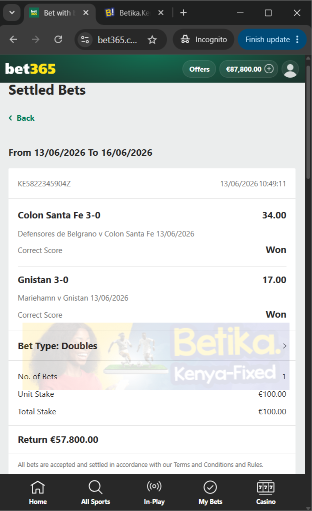 betika fixed matches correct score 13.06.2026